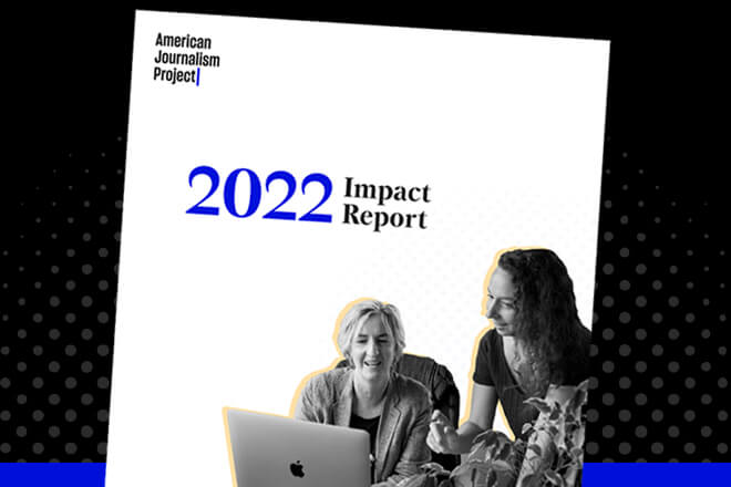 Black and white silhouette image of two caucasian women discussing contents of a laptop screen. Text says 2022 Impact Report