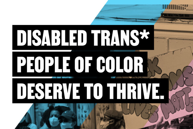 Image including TEP logo, crowd of protesters and tagline "Trans* Disabled People of Color Deserve Better."