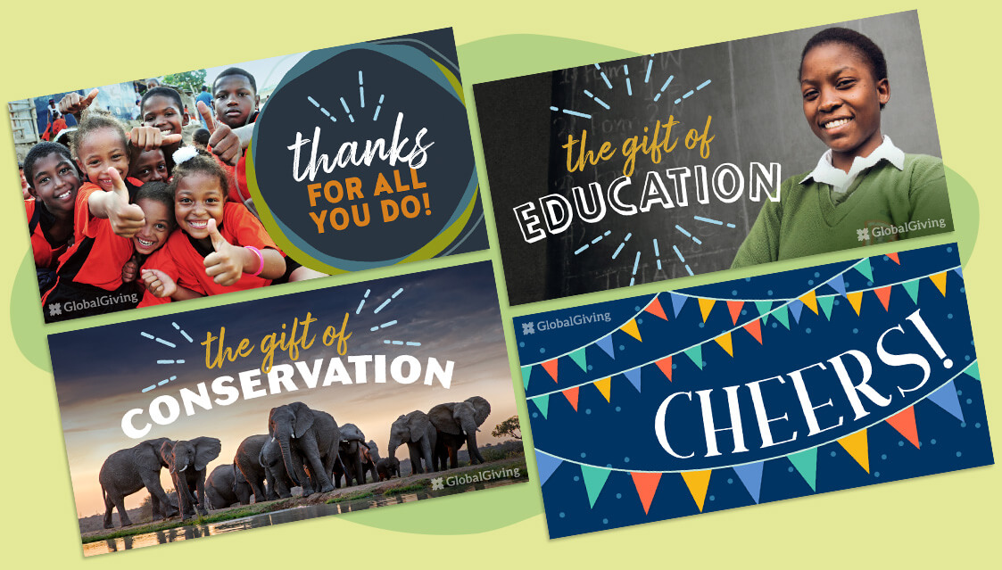 four gift card layouts with titles: thanks for all you do, the gift of education, the gift of conservation, and cheers