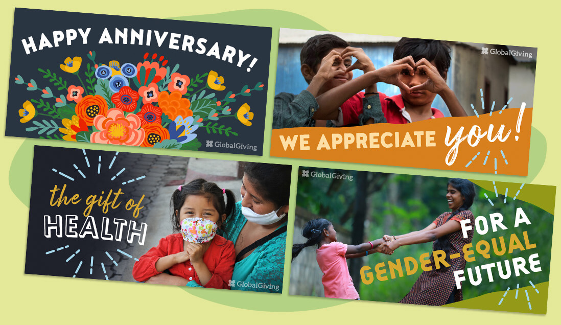 four gift card layouts with titles: happy anniversary, we appreciate you, the gift of health and for a gender-equal future