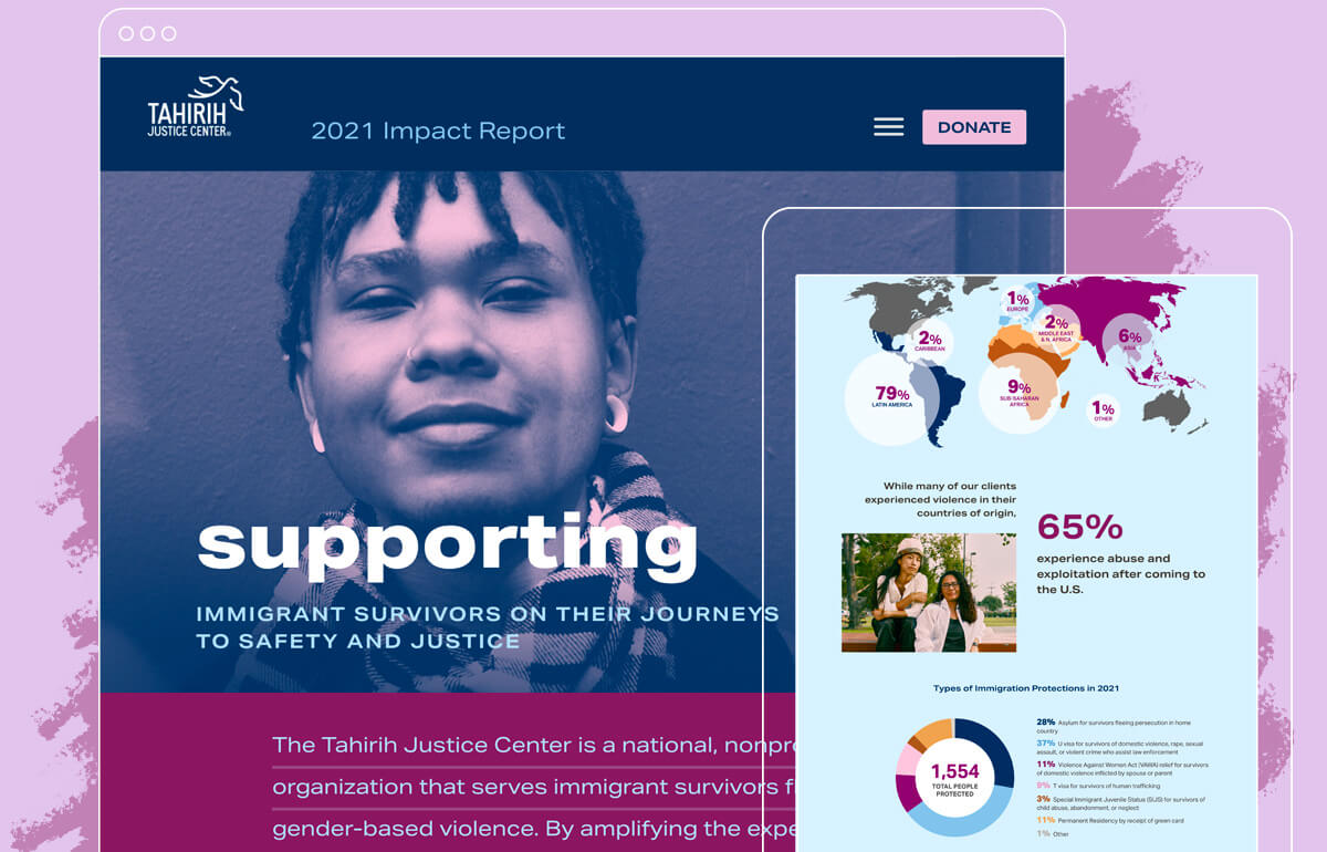 screenshots of home page and mobile interior page. Tagline says supporting immigrant survivors of violence on their journeys to safety and justice