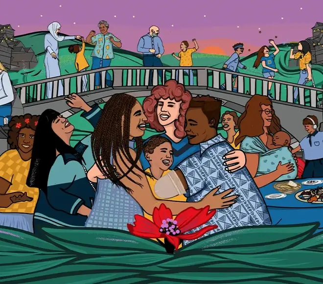Illustration showing joyful community event with diverse people
