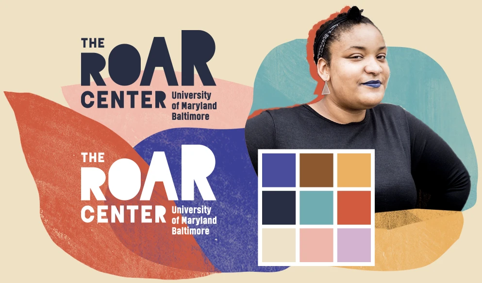 The ROAR Center logo with color palette and photo of young mixed-race woman looking satisfied