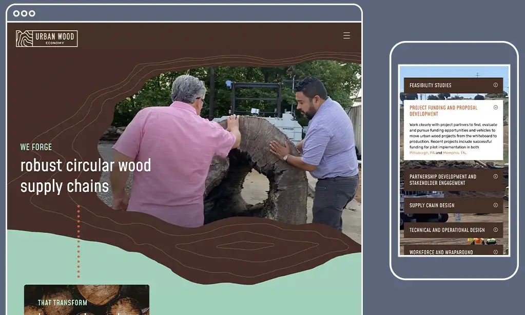 screenshots of home page with photos of people examining waste wood that can be turned into valuable resources.