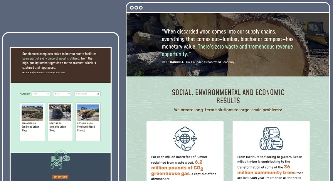 Screenshots of web pages that showcase Urban Wood Economy's work and projects