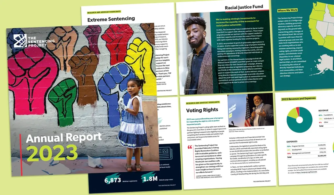 Collage of pages from an annual report, including front cover, interior pages, infographics, maps and financial information.