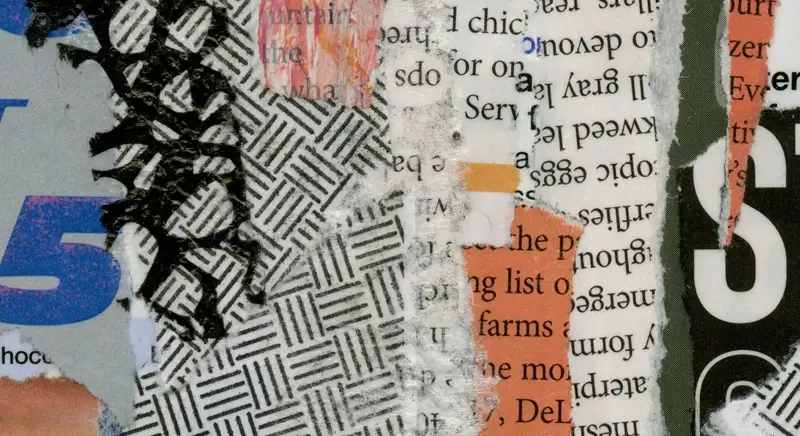 Collage art containing scraps of text, images and patterns