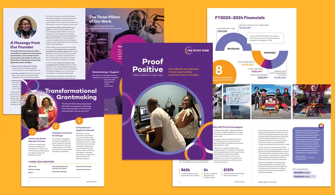 Cover and interior page layouts for impact report document.