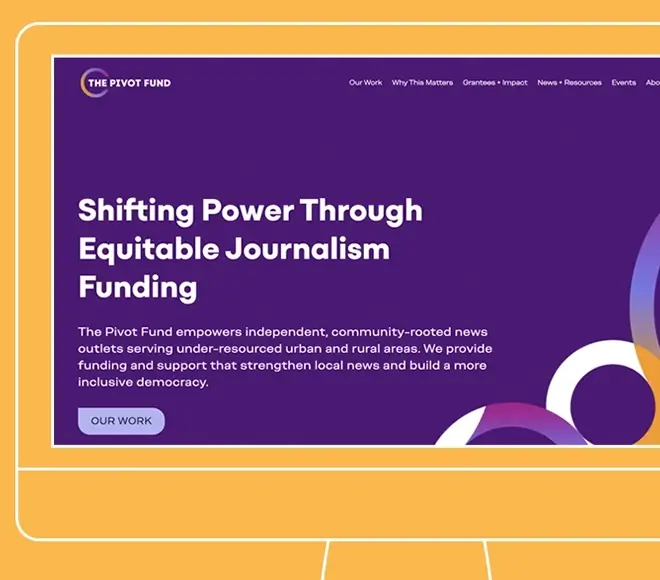 Screenshot of The Pivot Fund website home page within a mockup frame